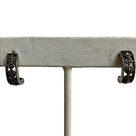 Sterling Silver Marcasite Half Hoop Earrings Posts Filigree Delicate Sparkly - Picture 5 of 9